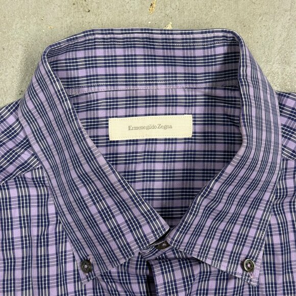 Ermenegildo Zegna Dress Shirt Italy Purple Check Long Sleeve Cotton 17.5 XL - Picture 5 of 9